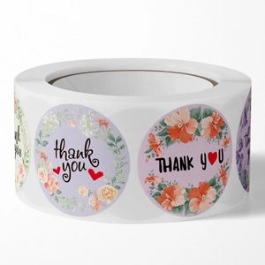 Floral round Thank You labels in a roll, perfect for wedding and gift packaging seal