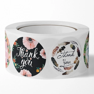 Roll of floral and feather Thank You stickers for wedding gift sealing and packaging