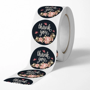 Floral Thank You stickers roll with vintage roses and butterfly on black background