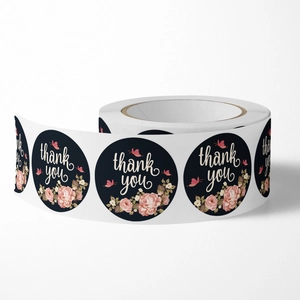 Floral Thank You stickers roll with black background and pink butterfly designs