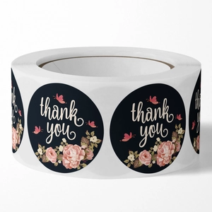 Floral Thank You roll stickers with pink roses and butterflies on black background
