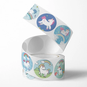 Roll of cartoon unicorn stickers with colorful rainbows and stars for DIY decoration