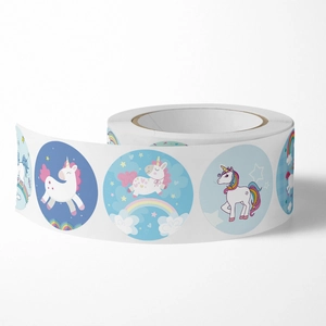 Roll of cartoon unicorn reward stickers for kids featuring rainbow and star designs