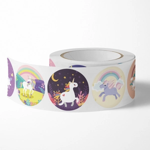 Roll of 500 colorful cartoon unicorn stickers for kids' DIY crafts and teacher rewards