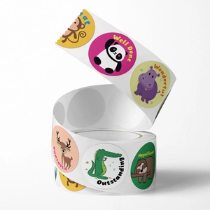 Roll of colorful round cartoon animal reward stickers for kids with encouraging text