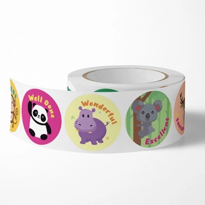 Roll of colorful cartoon animal reward stickers with encouraging English words for kids