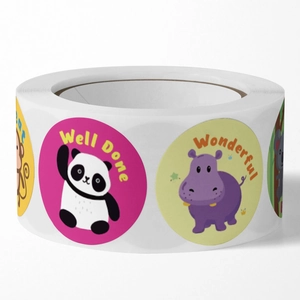 Roll of cute cartoon animal stickers for kids with motivational words like Well Done