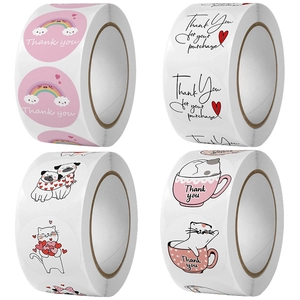 Round Thank You Stickers Cartoon Cat Dog Rainbow Hand Drawn Cute Decorative Labels For Gift Packaging DIY Decoration Roll