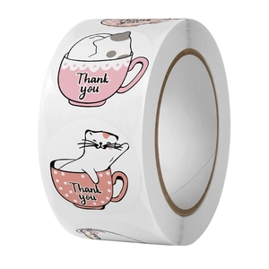 Detail of round Thank You stickers featuring cute hand-drawn white cats in coffee cups