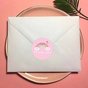 Round pink Thank You stickers with rainbow and cloud designs for gift seal packaging