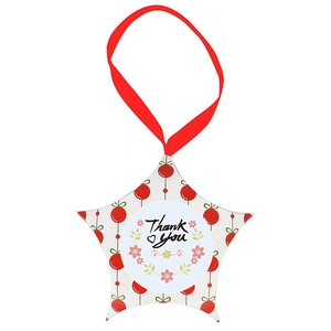 Star-shaped gift box with red ribbon and floral Thank You sticker on white background