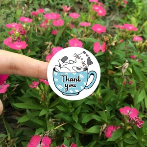 Cute cartoon cat in coffee cup Thank You stickers for gift sealing and packaging