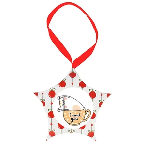 Star-shaped cat in teacup Christmas ornament with red ribbon and Thank You text