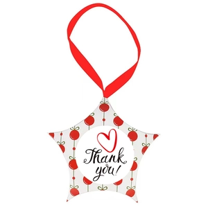 Star-shaped white gift box with red ribbon and red Thank You heart print design