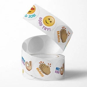 Roll of 500 colorful emoji reward stickers with Good Job and Bravo text for teachers