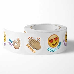 Roll of 500 reward stickers with emoji faces and bravo good job motivational phrases