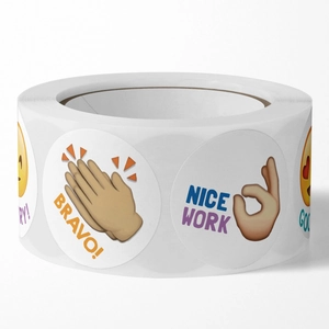 Roll of 500 colorful smiley face reward stickers with Bravo and Nice Work praise text