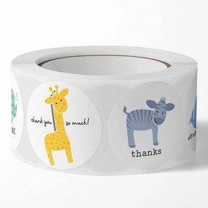 Roll of cartoon animal thank you stickers featuring giraffe, zebra and elephant designs