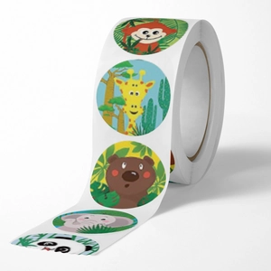 Roll of cute animal stickers featuring cartoon monkeys and giraffes for teacher rewards