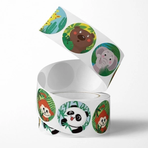 Roll of colorful cartoon animal stickers featuring panda monkey and giraffe for rewards
