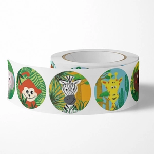 Roll of jungle animal cartoon stickers for kids, featuring elephant, lion, and giraffe