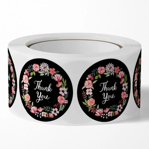 Floral Thank You stickers roll with black background for gift packaging and mailer seal