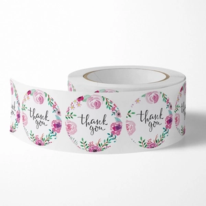 Rolle mit Floral Thank You Aufklebern und Aquarell-Blumenkranz für Hochzeitsverpackungen