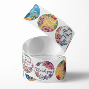 Floral Thank You stickers roll with watercolor tropical plants and bird designs