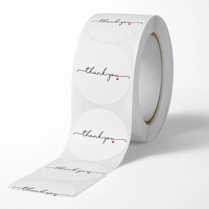 Round white Thank You stickers roll with red heart for business gift packaging labels