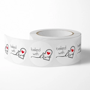Rouleau d'autocollants ronds blancs 'Baked with Love' avec motif de gant pour emballage