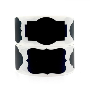 Two rolls of black matte waterproof chalkboard labels with various decorative border shapes