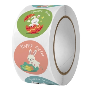 500pcs Easter Bunny and Egg sticker roll with Happy Easter greeting for party favors