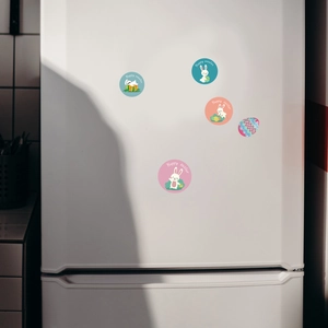 Set of 5 colorful Easter bunny fridge magnets featuring festive egg designs and white rabbits