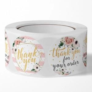 Floral thank you stickers roll with pink stripes and gold dots for gift packaging