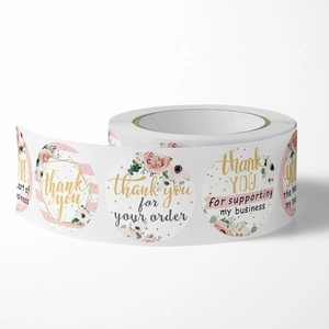 Floral thank you stickers roll for packaging with assorted botanical patterns and gold foil