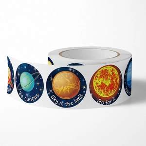 Solar system planet stickers roll with motivational quotes on a white background