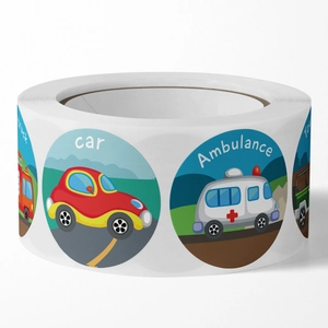 Roll of 500 cartoon vehicle reward stickers with car designs and English vocabulary