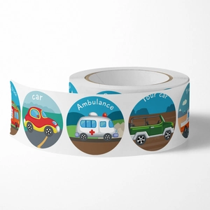 500pcs roll of cartoon vehicle stickers for kids featuring car and ambulance designs