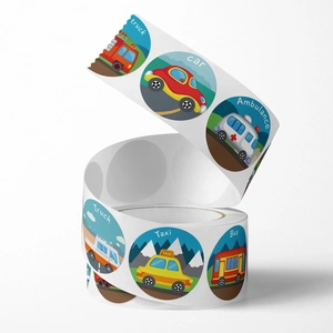 500pcs roll of cartoon vehicle reward stickers with car and truck English names