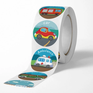 500pcs roll of cartoon vehicle stickers for kids with English labels on white background
