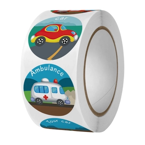 Roll of cartoon vehicle reward stickers for kids featuring cars and ambulances