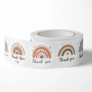 Boho rainbow thank you stickers roll in earthy tones for DIY craft packaging decoration