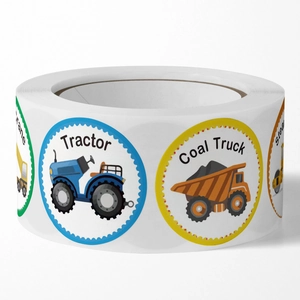 Roll of 500 cartoon construction vehicle stickers with tractor and crane designs for kids
