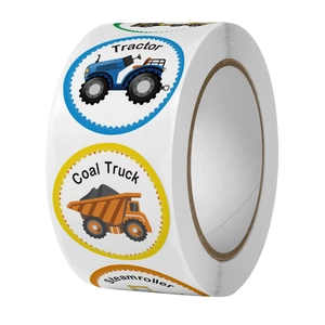 Detail of transportation roll stickers showing tractor and coal truck designs for kids