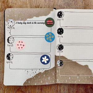 Retro dot grid planner with Korean ins style stickers, cherry and cake illustrations