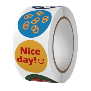 Roll of cute cartoon decorative stickers for laptops and planners in colorful round shapes
