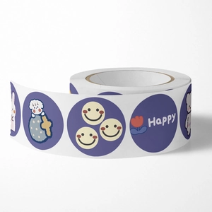 Roll of cute cartoon animal stickers featuring yellow smileys and rabbits for sealing