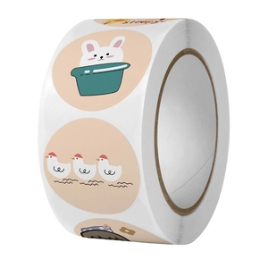 Close-up of cute cartoon stationery stickers featuring a bunny and duck on a roll