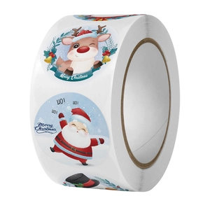 Vista dettagliata degli adesivi natalizi tondi con Babbo Natale e renna in rotolo