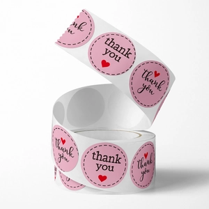 Pink round thank you roll stickers with red heart for wedding gift packaging decor